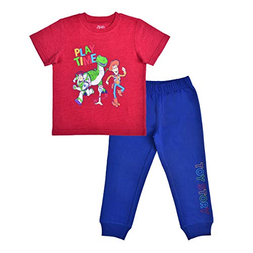 Disney Toy Story Buzz Lightyear, Woody, T-Rex and Forky Boys T-Shirt and Jogger Pants Set for Little Kids – Red/Blue