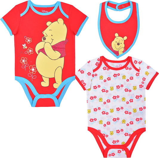 Disney Winnie the Pooh Baby Girls’ Bodysuits and Bib Set for Newborn and Infant – Red/Blue/White