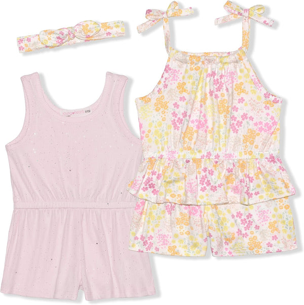 Young Hearts Girl's 2 Pack Jumpsuit with Headband for Baby and Infant ? Pink/Yellow