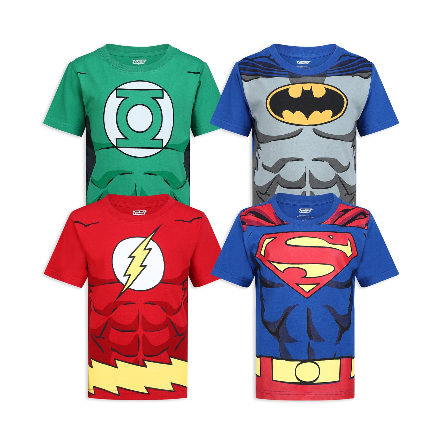 DC Comics Justice League Boys’ 4 Pack T-Shirts for Toddler and Little Kids– Blue/Red/Green/Gray