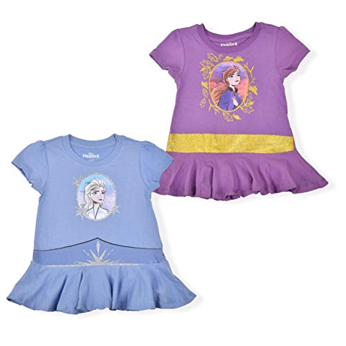 Disney Frozen Elsa and Anna Girls’ 2 Pack T-Shirts for Little Girls – Purple/Blue