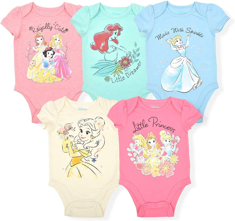 Disney Princess Girl's 5-Piece Short Sleeve Baby Bodysuit Creeper Multi-Colored Set