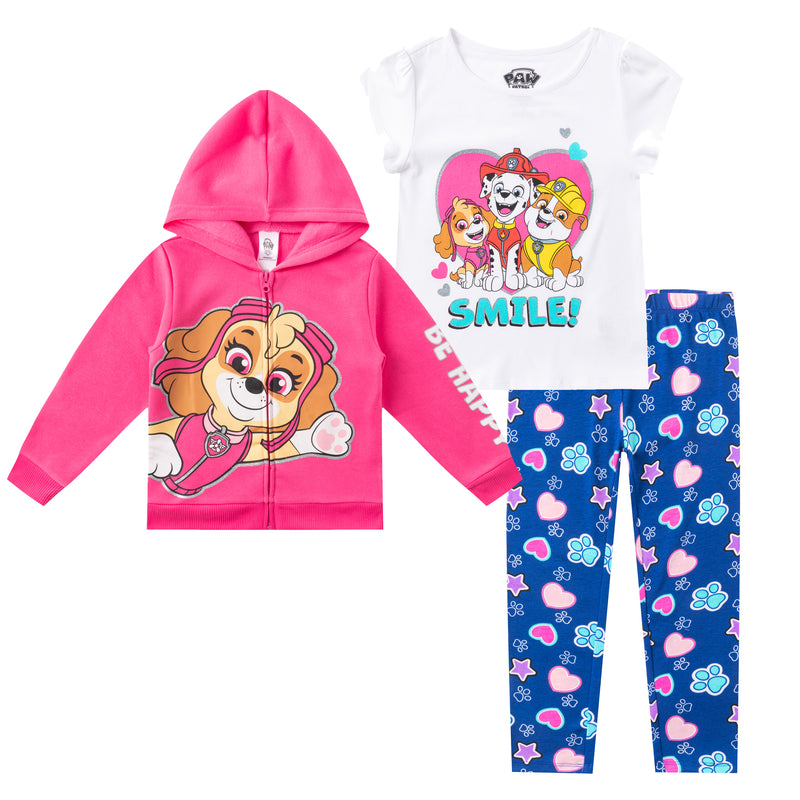 Paw Patrol Girls Skye, Marshall and Rubble Pink Hoodie, T-Shirt and Leggings Set for Toddler Girl, Little Girl and Big Girl