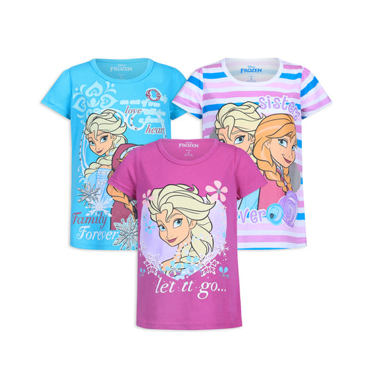 Disney Frozen Elsa and Anna Girls’ Short Sleeve Shirt 3 Pack for Toddler and Little Kids – Pink/Blue/White