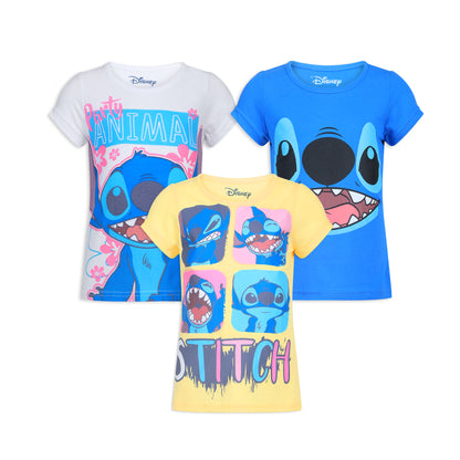 Disney Lilo and Stitch Girls 3 Pack T-Shirts for Toddler, Little and Big Girls - Blue/Yellow/White