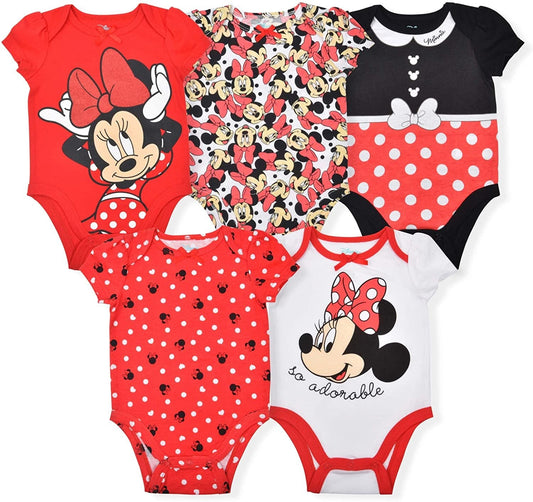Disney Minnie Mouse Girls’ 5 Pack Bodysuits for Newborn and Infant – Red/White/Black