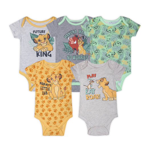 Disney Lion King Simba, Timon and Pumbaa Boys’ 5 Pack Bodysuits for Newborn and Infant – Yellow/Green/Grey