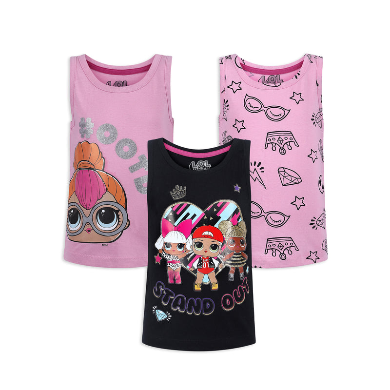 L.O.L. Surprise! Dolls Girls 3 Pack Tank Tops for Little and Big Kids – Pink/Black