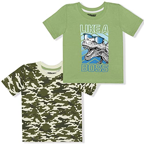 10 Threads Dino and Shark Boys 2 Pack T-Shirts for Toddler and Little Kid – Blue/Green/Grey