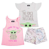 Star Wars Baby Yoda Girls’ Short Sleeve Shirt, Tank Top and Shorts Set for Toddler and Little Kids – Pink/White