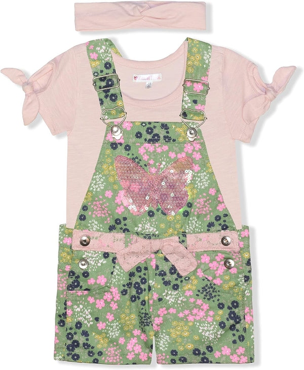 Nannette Girls? Short Sleeve Tee and Jumper Shorts with Headband Set for Infant and Little Kids ? Pink/Green