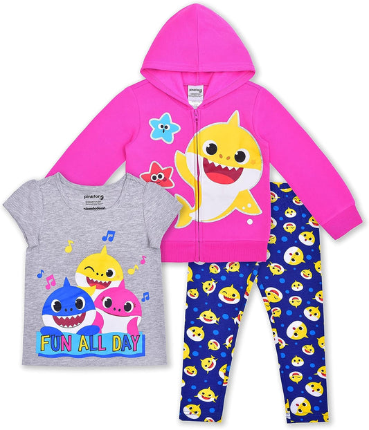 Nickelodeon Baby Shark Girl 3 Piece T-Shirt, Zip Up Hoodie and Leggings Set for Toddler and Little Kids - Pink/Blue/Grey