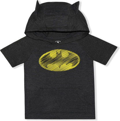 BATMAN DC Comics Boys Hooded T-Shirt, T-Shirt and Short Set for Toddler and Little Kids ? Blue/Black/Grey